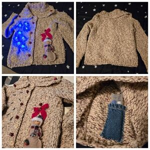 Light-up Christmas Sweater Cardigan S Oatmeal Nubby Knit Santa Snowflakes Bells